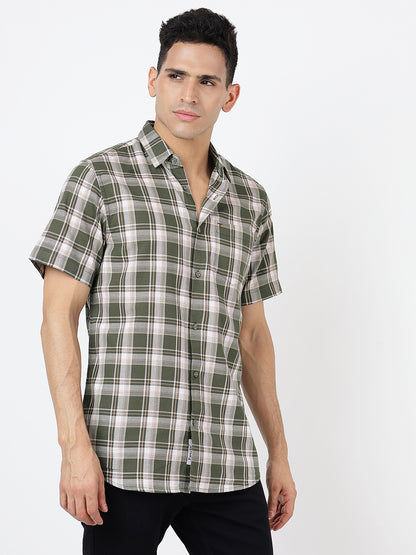 Check Short Sleeves Olive Green, Beige and white (100% Cotton)