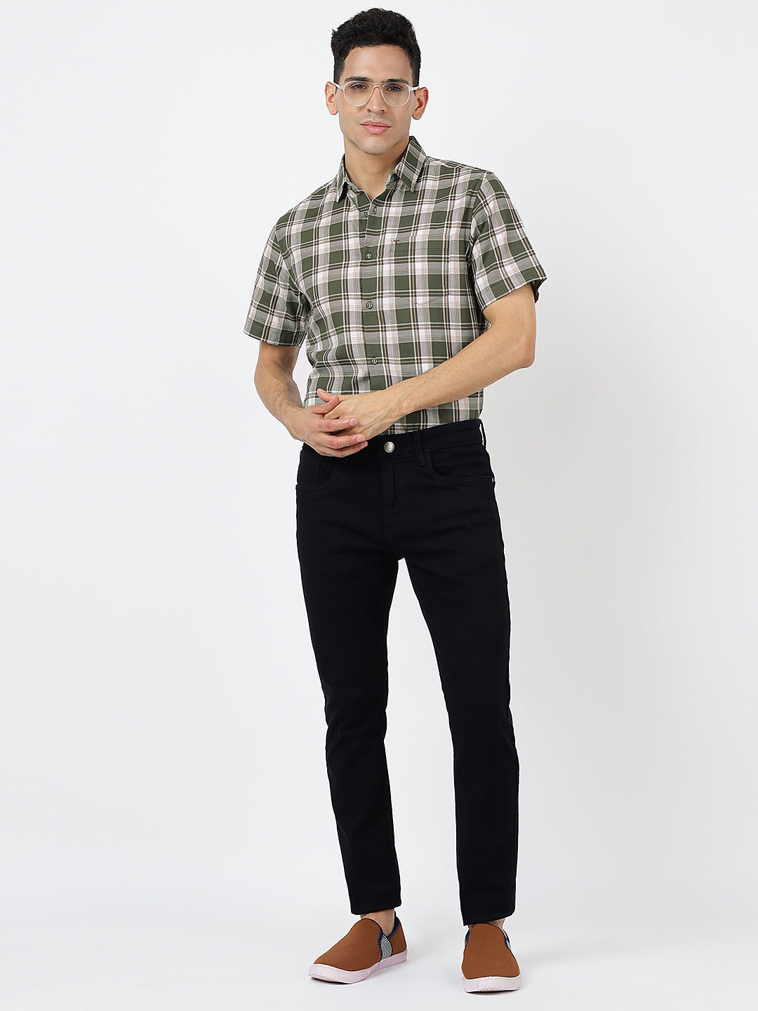 Check Short Sleeves Olive Green, Beige and white (100% Cotton)