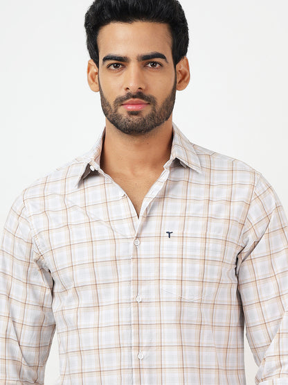 Check Long Sleeves White & Brown Classic (100% Cotton)