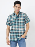 Check Short Sleeves Teal Blue White And Black  (100% Cotton)