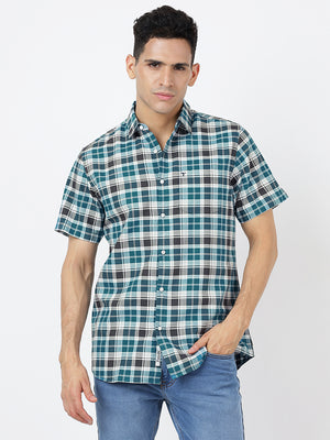 Check Short Sleeves Teal Blue White And Black  (100% Cotton)