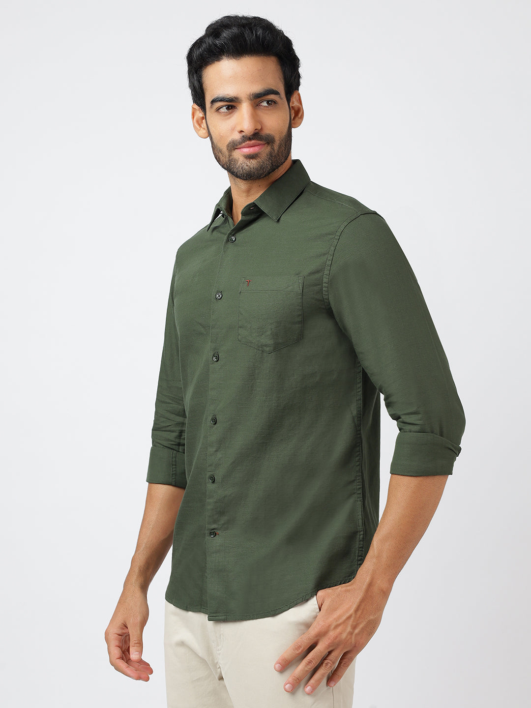 Solid Long Sleeves Green Slub Twill (100% Cotton)