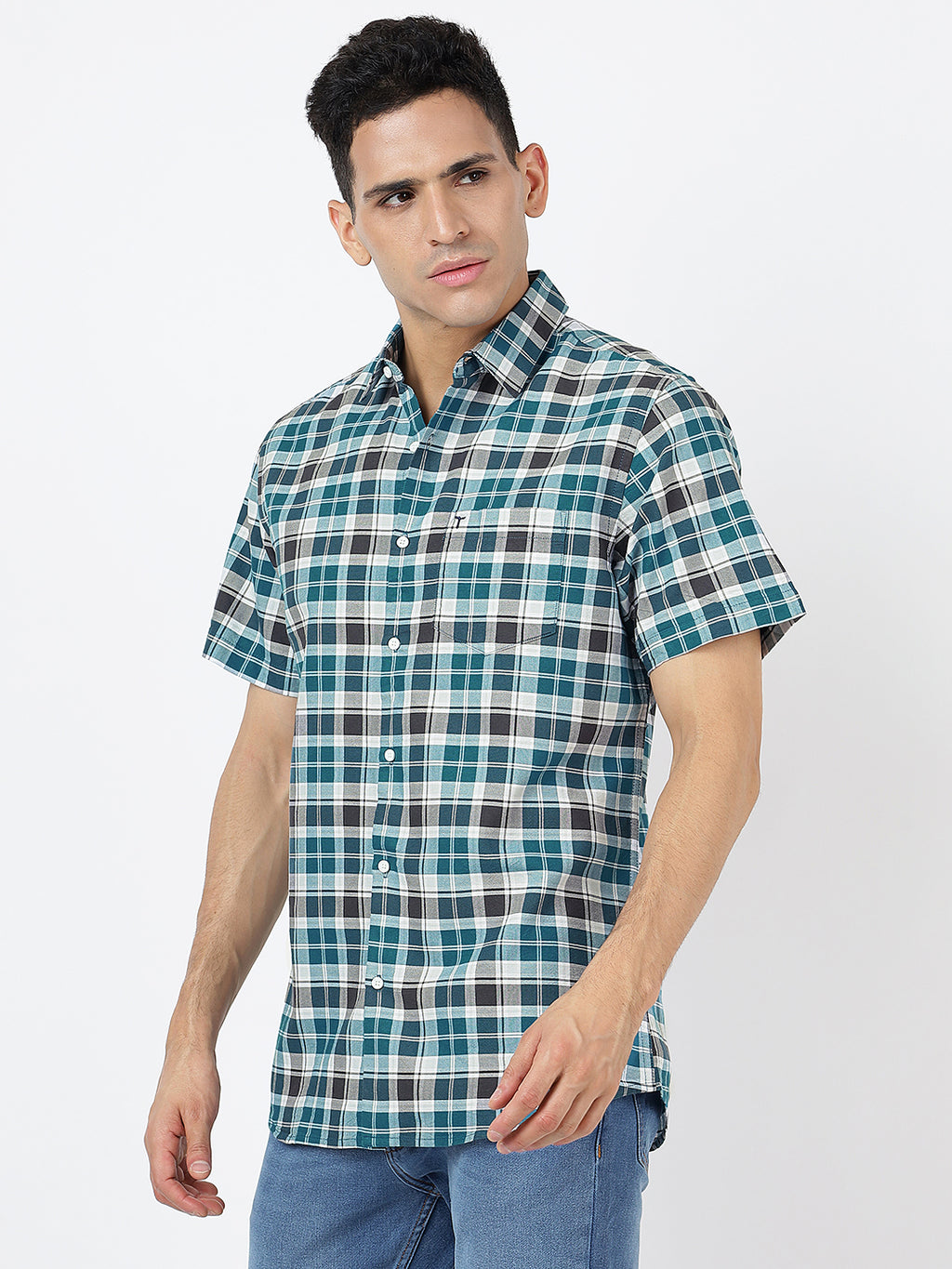 Check Short Sleeves Teal Blue White And Black  (100% Cotton)