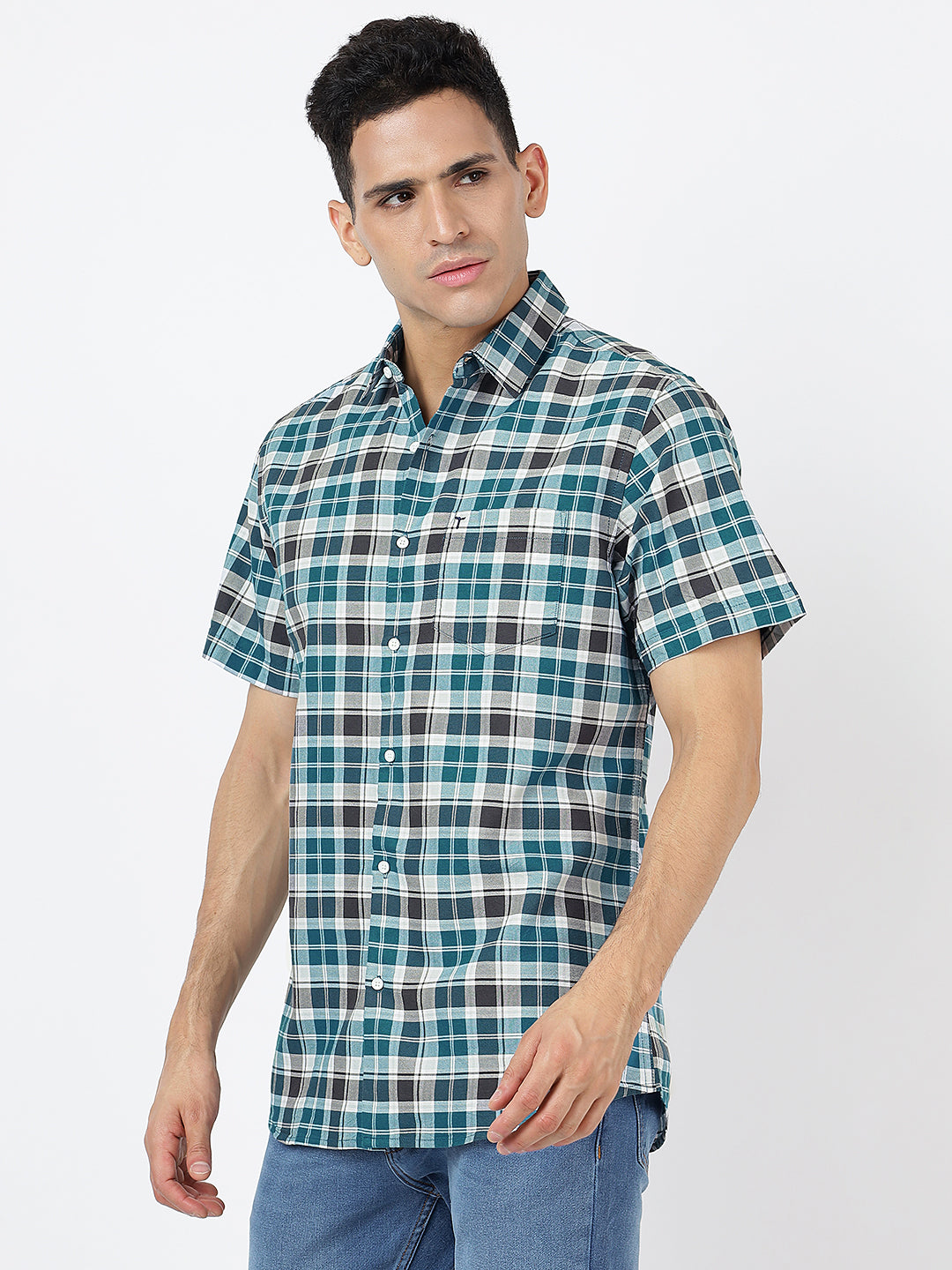 Check Short Sleeves Teal Blue White And Black  (100% Cotton)