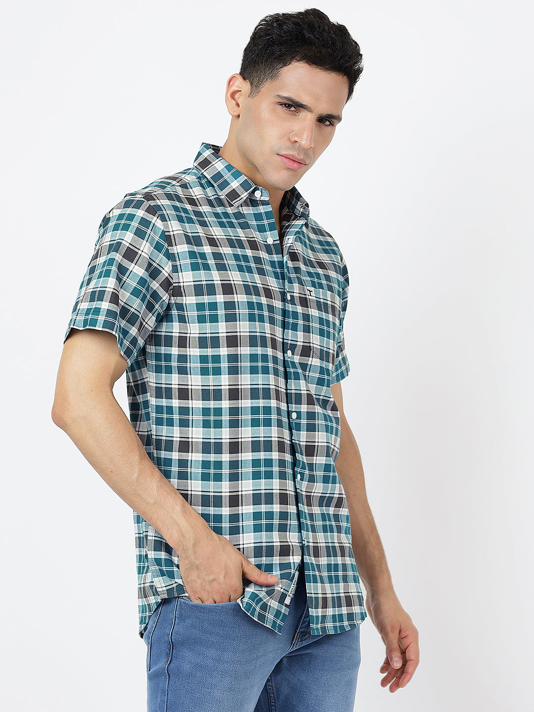 Check Short Sleeves Teal Blue White And Black  (100% Cotton)