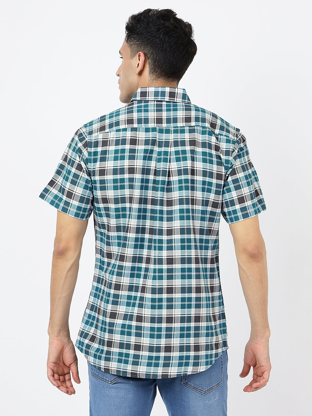 Check Short Sleeves Teal Blue White And Black  (100% Cotton)