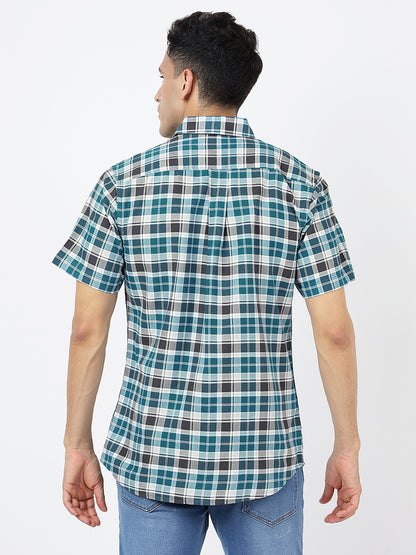 Check Short Sleeves Teal Blue White And Black  (100% Cotton)