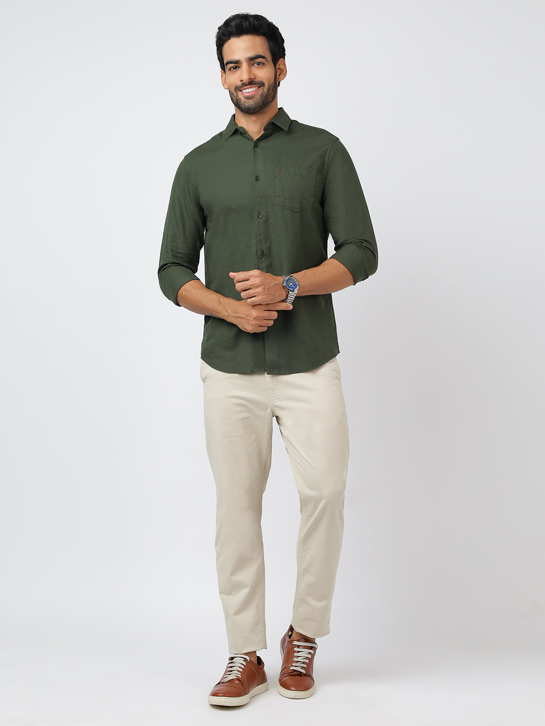 Solid Long Sleeves Green Slub Twill (100% Cotton)