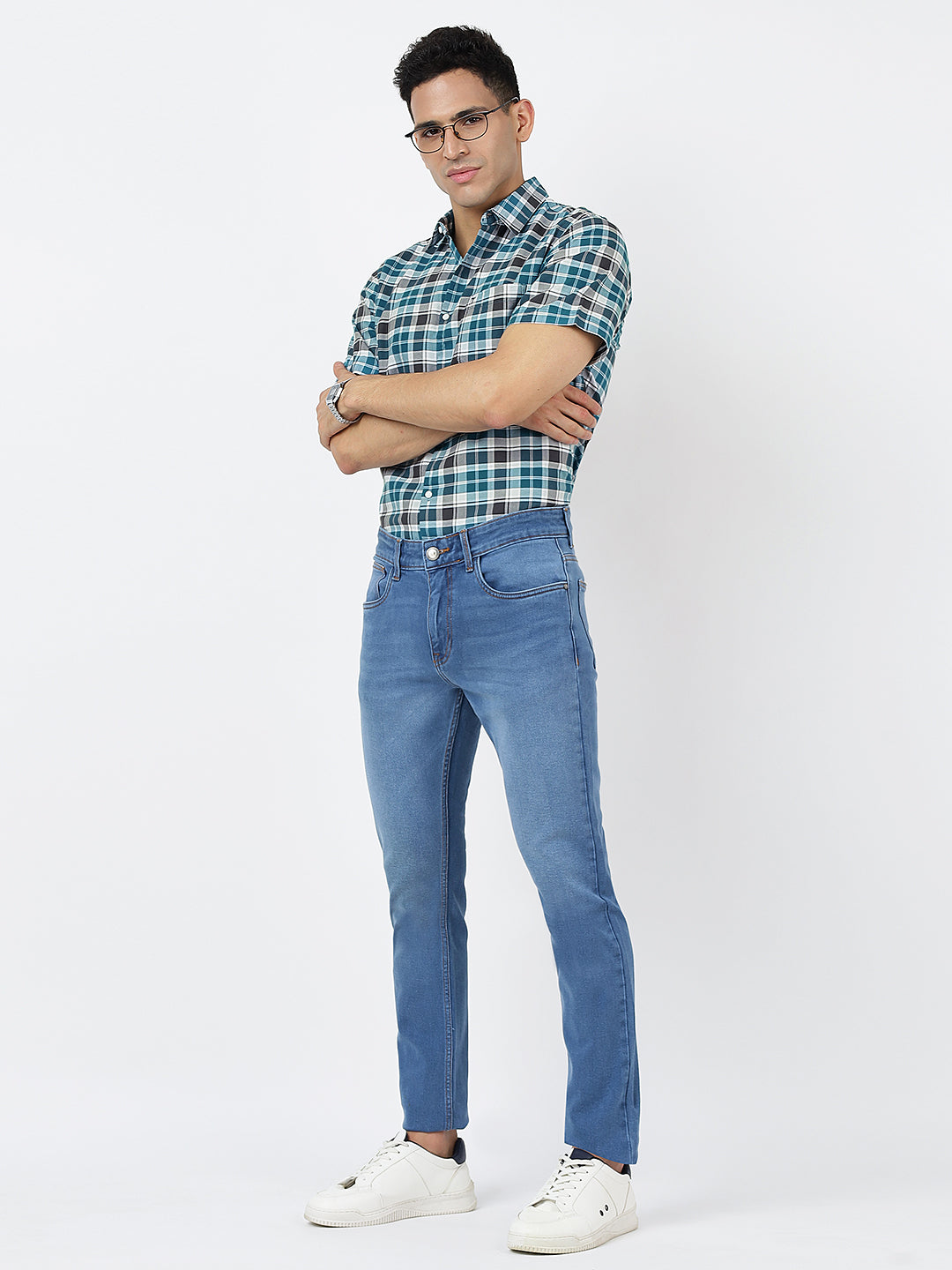 Check Short Sleeves Teal Blue White And Black  (100% Cotton)