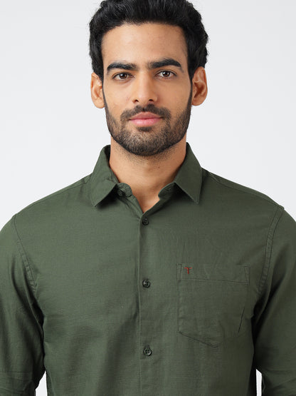 Solid Long Sleeves Green Slub Twill (100% Cotton)