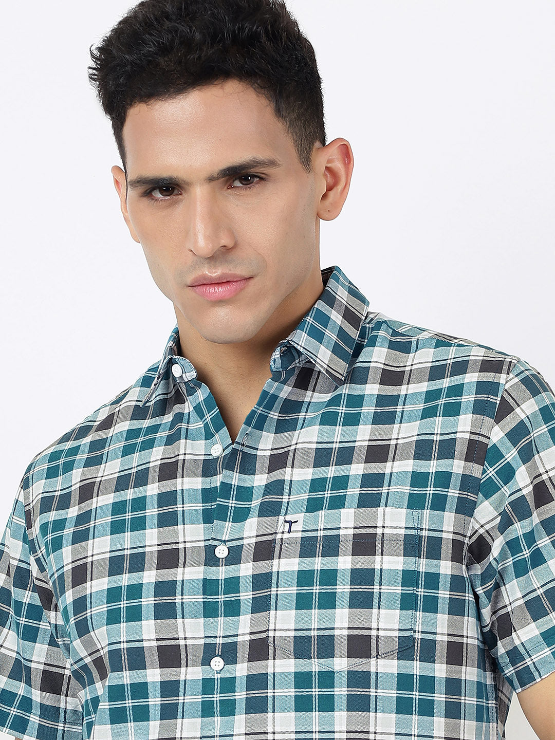 Check Short Sleeves Teal Blue White And Black  (100% Cotton)