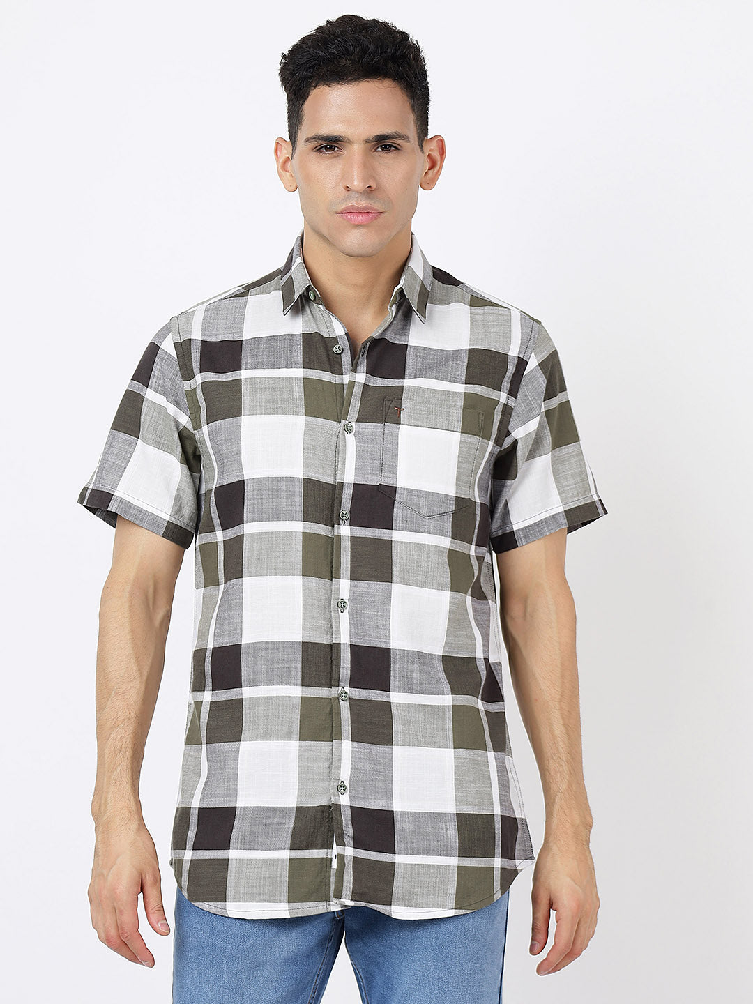 Big Check Short Sleeves Olive Green, Black and White (100% Cotton)