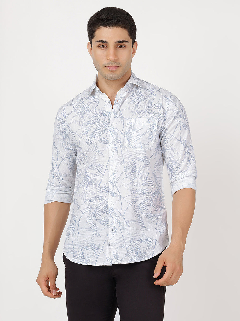 Print Long Sleeves Leafy Blue & White Large Print
