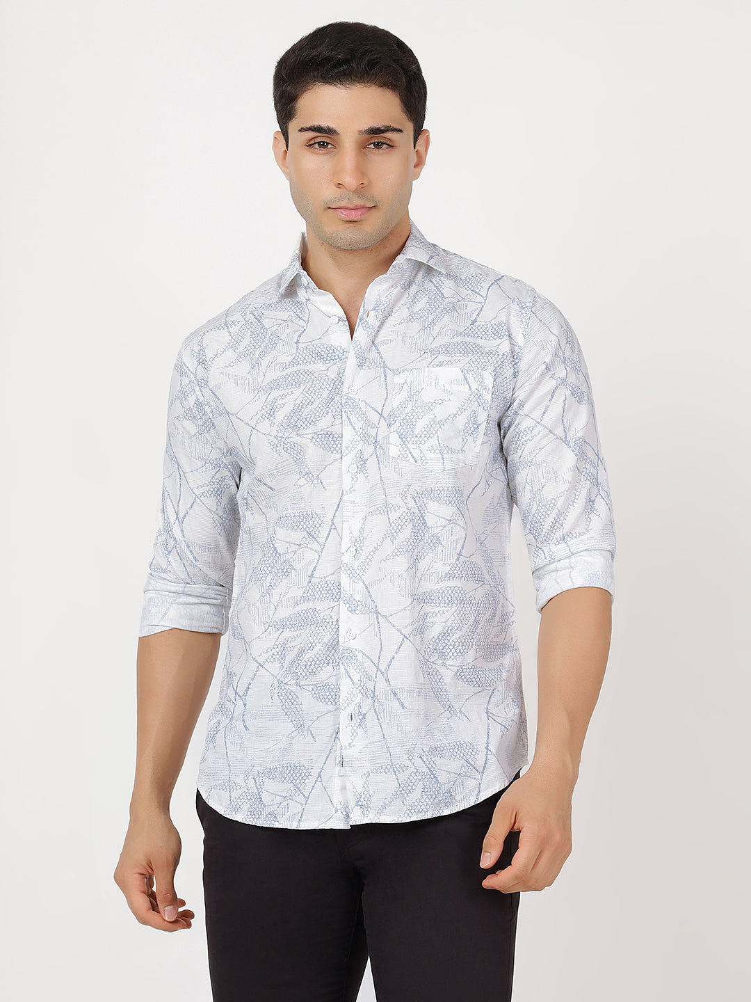 Print Long Sleeves Leafy Blue & White Large Print
