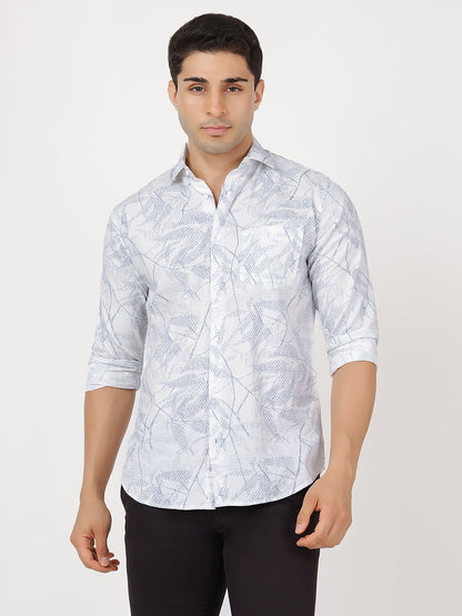 Print Long Sleeves Leafy Blue & White Large Print