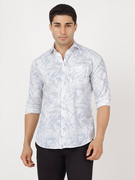 Print Long Sleeves Leafy Blue & White Large Print