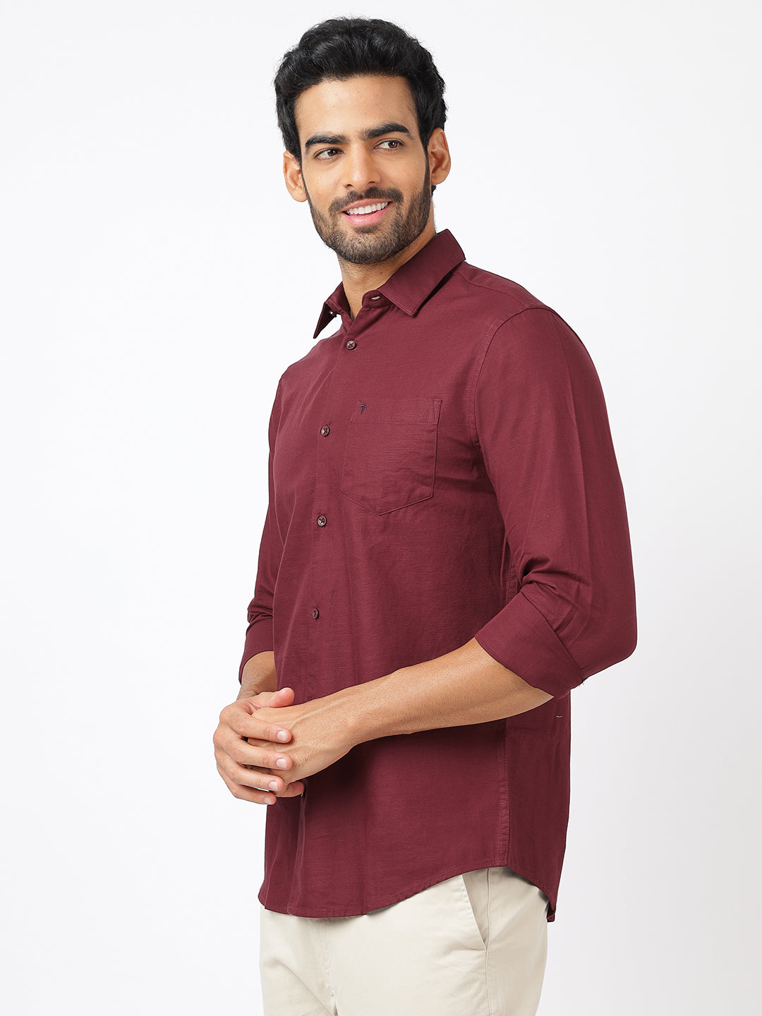 Solid Long Sleeves Maroon Slub Twill (100% Cotton)