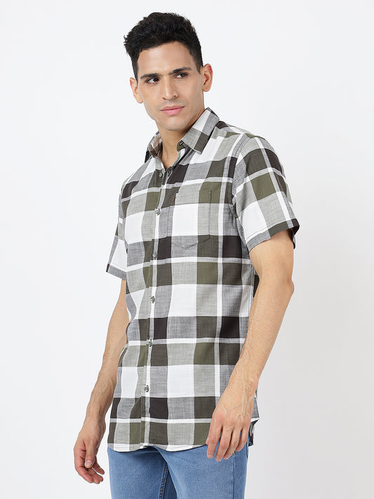 Big Check Short Sleeves Olive Green, Black and White (100% Cotton)