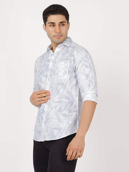 Print Long Sleeves Leafy Blue & White Large Print
