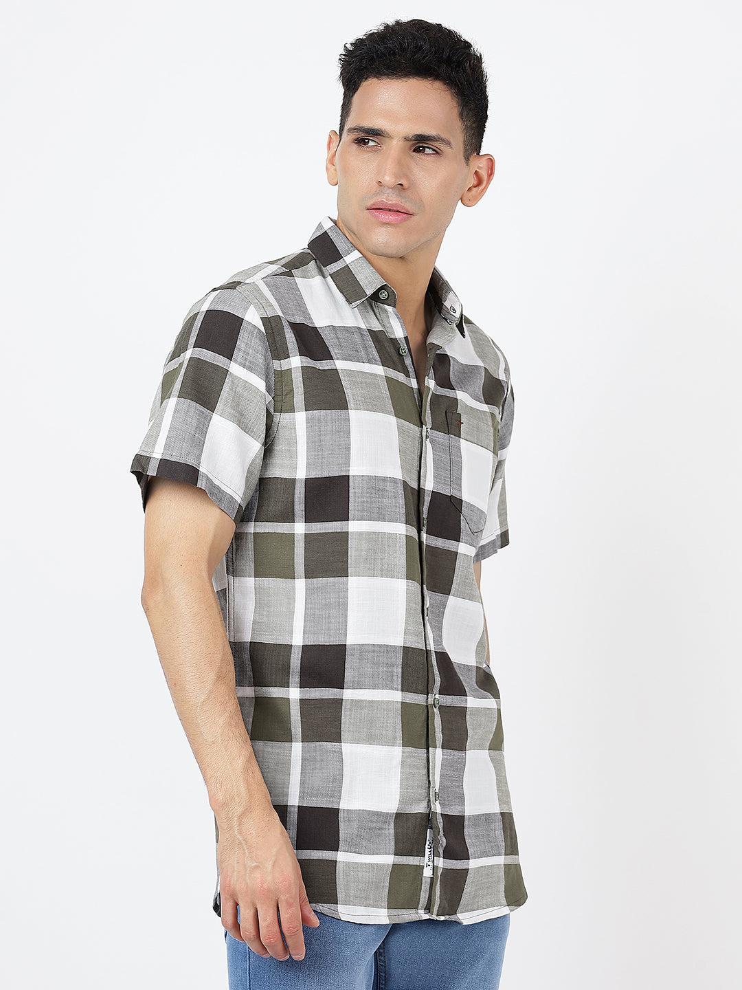 Big Check Short Sleeves Olive Green, Black and White (100% Cotton)