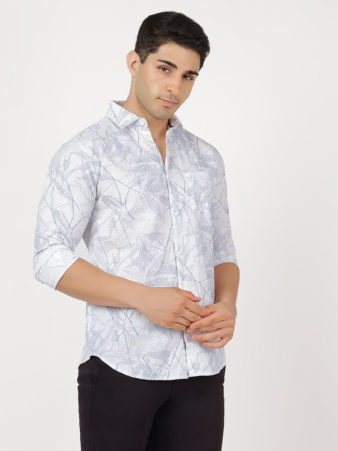 Print Long Sleeves Leafy Blue & White Large Print