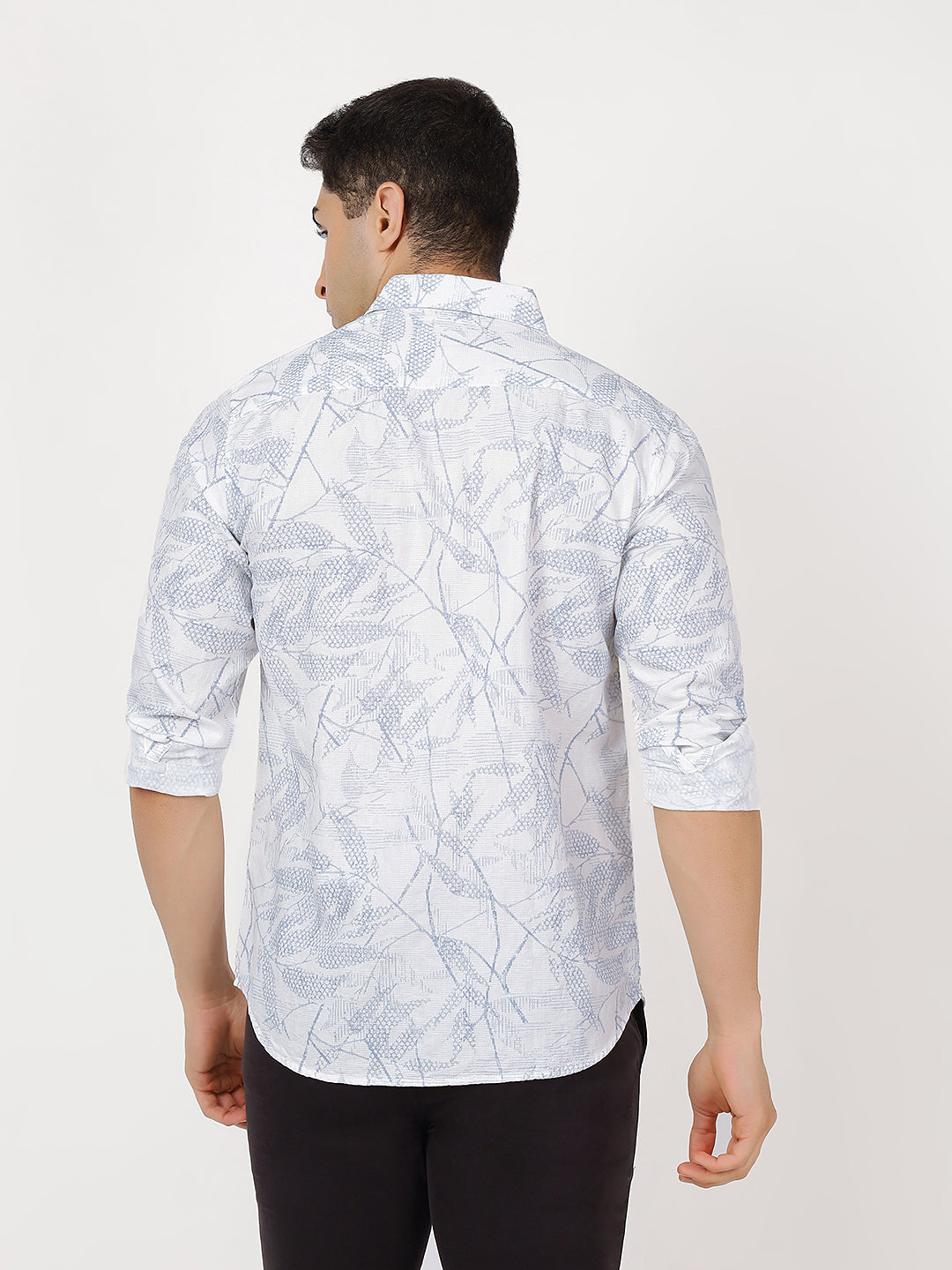 Print Long Sleeves Leafy Blue & White Large Print