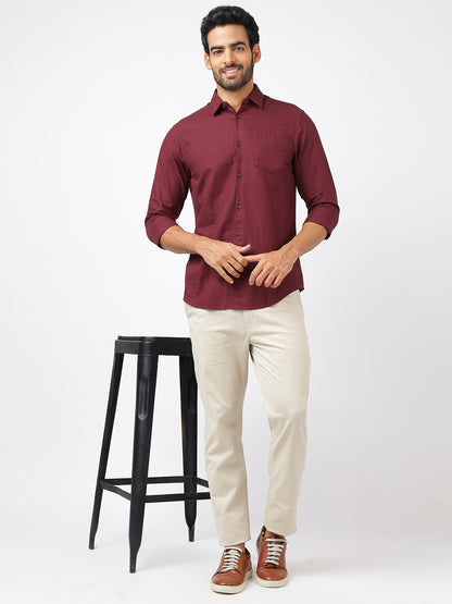 Solid Long Sleeves Maroon Slub Twill (100% Cotton)