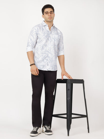 Print Long Sleeves Leafy Blue & White Large Print