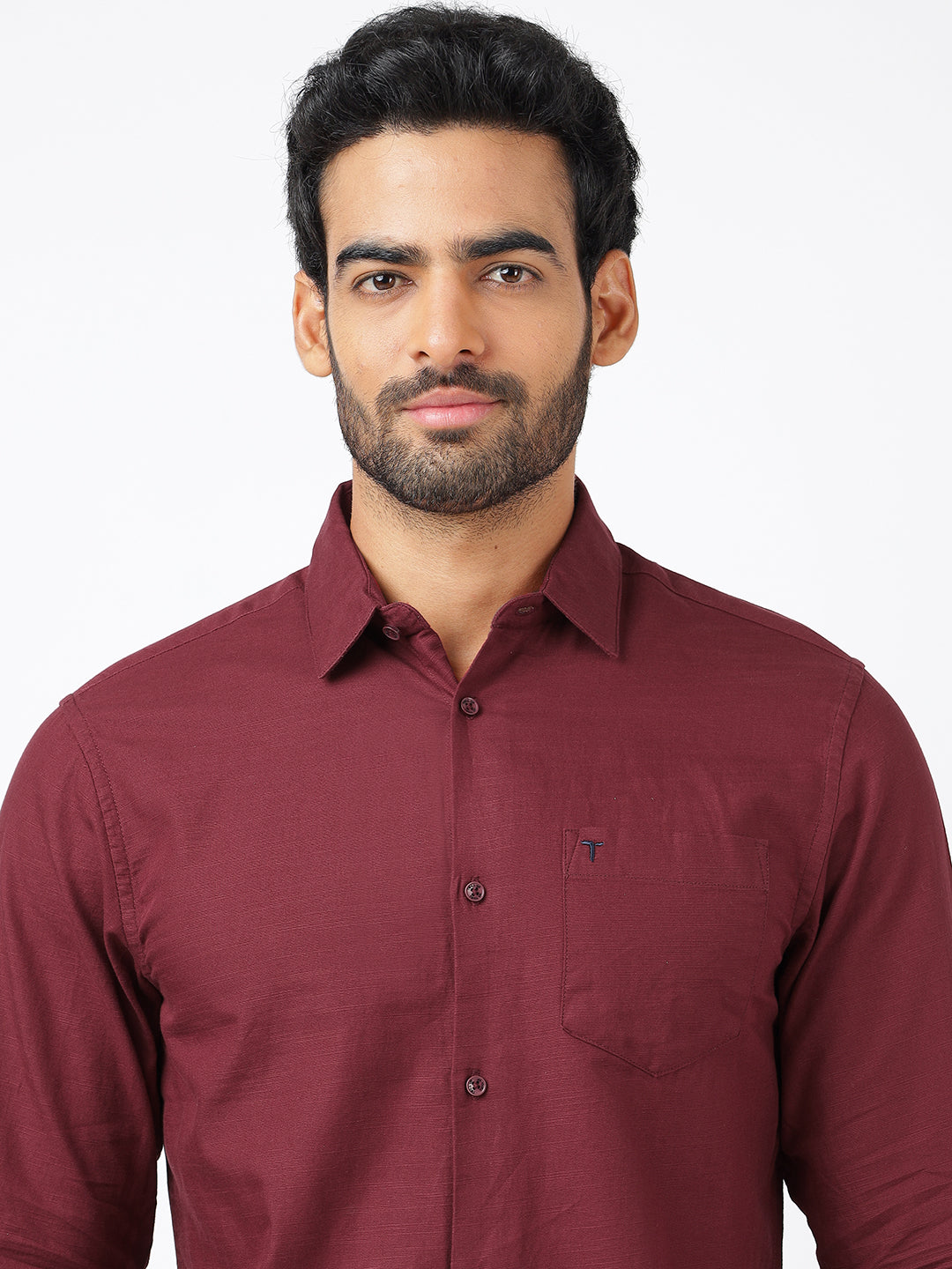 Solid Long Sleeves Maroon Slub Twill (100% Cotton)