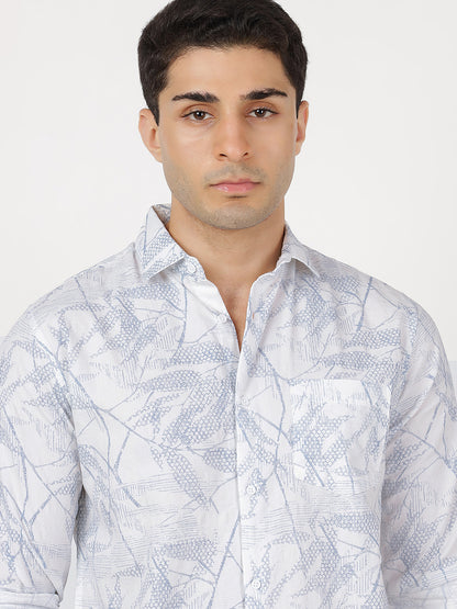 Print Long Sleeves Leafy Blue & White Large Print