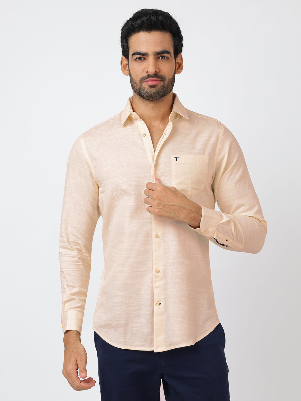 Solid Long Sleeves Beige Slub Twill (100% Cotton)
