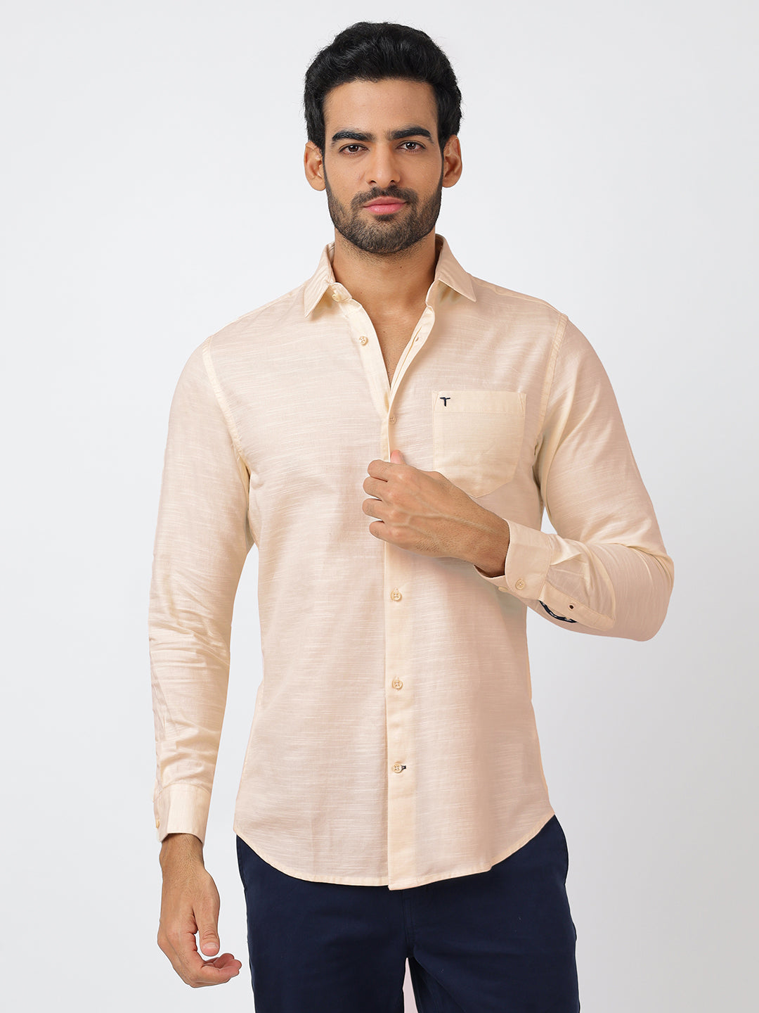 Solid Long Sleeves Beige Slub Twill (100% Cotton)