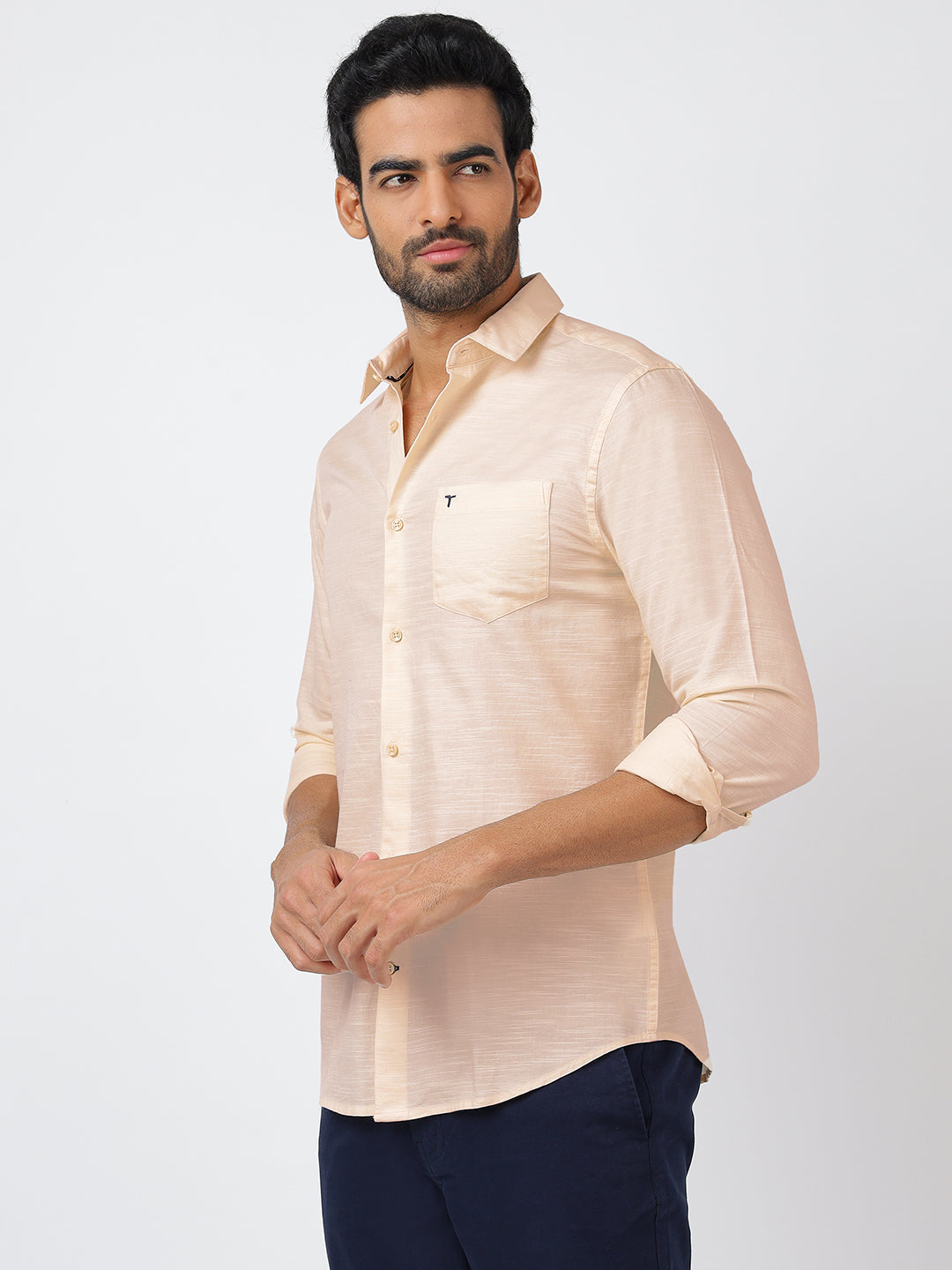 Solid Long Sleeves Beige Slub Twill (100% Cotton)