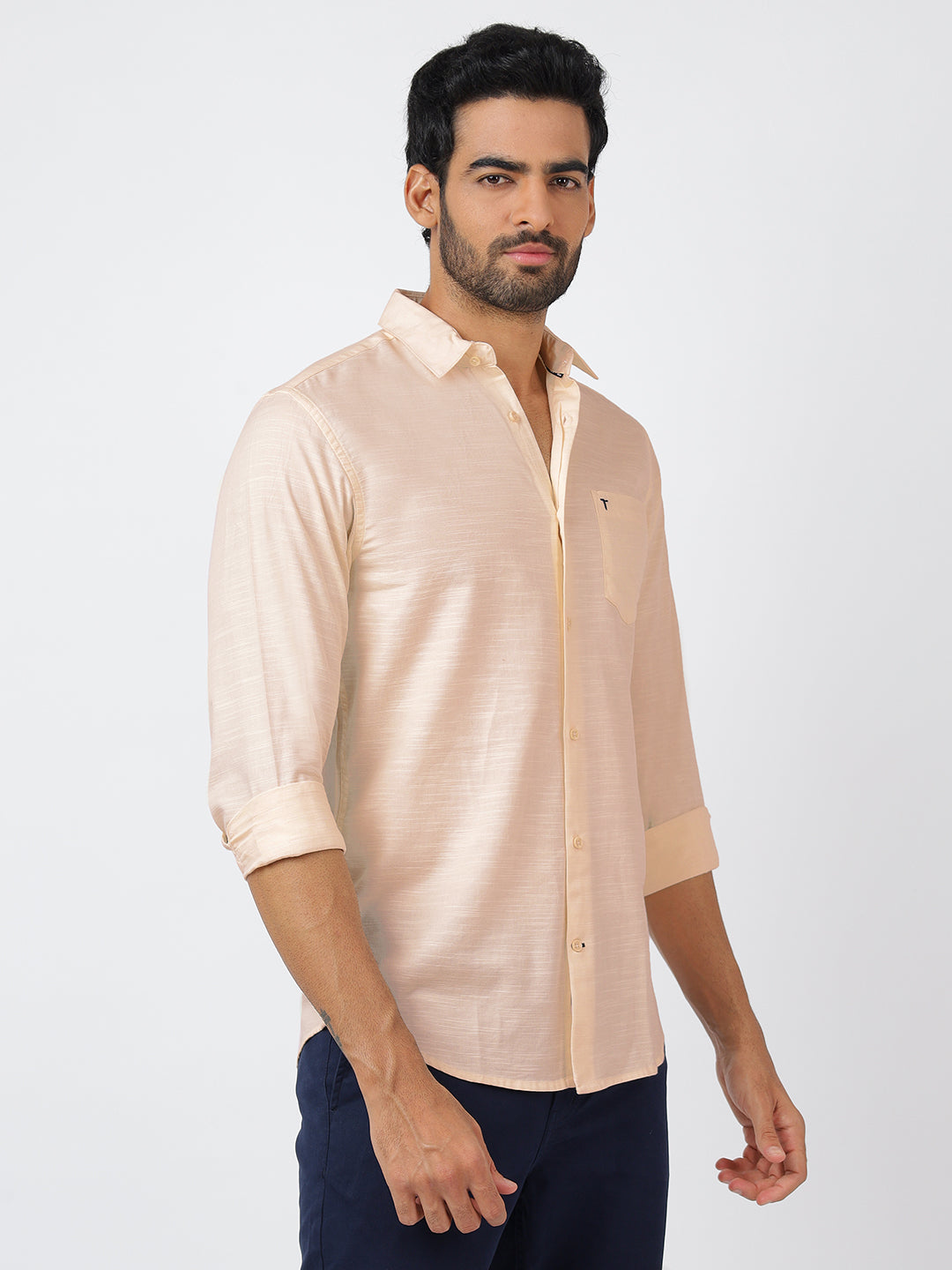 Solid Long Sleeves Beige Slub Twill (100% Cotton)