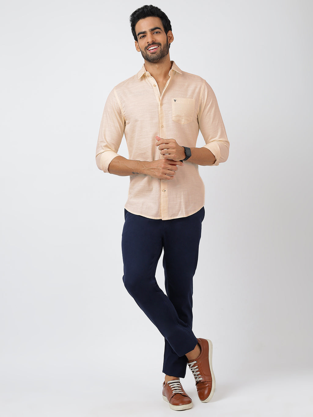 Solid Long Sleeves Beige Slub Twill (100% Cotton)