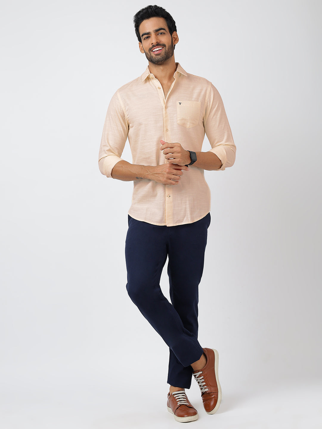 Solid Long Sleeves Beige Slub Twill (100% Cotton)