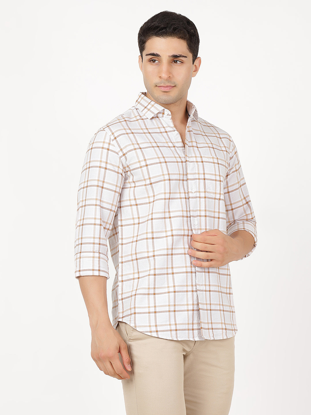 Check Long Sleeves Brown & White Medium Check (100% Cotton)