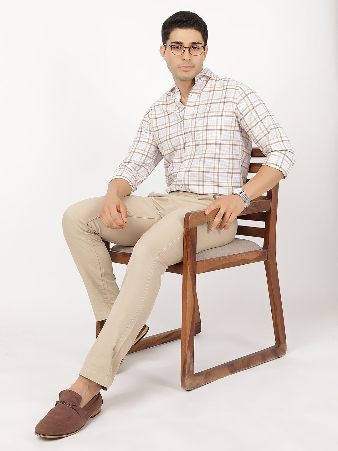 Check Long Sleeves Brown & White Medium Check (100% Cotton)