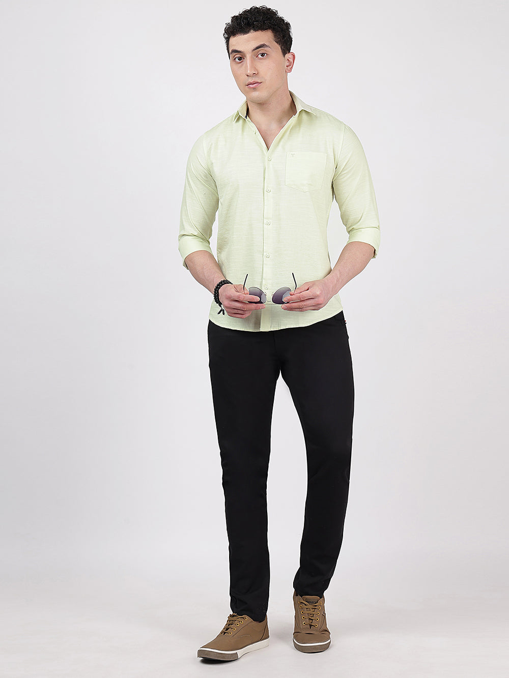 Solid Full Sleeves Light Green Slub-Twill