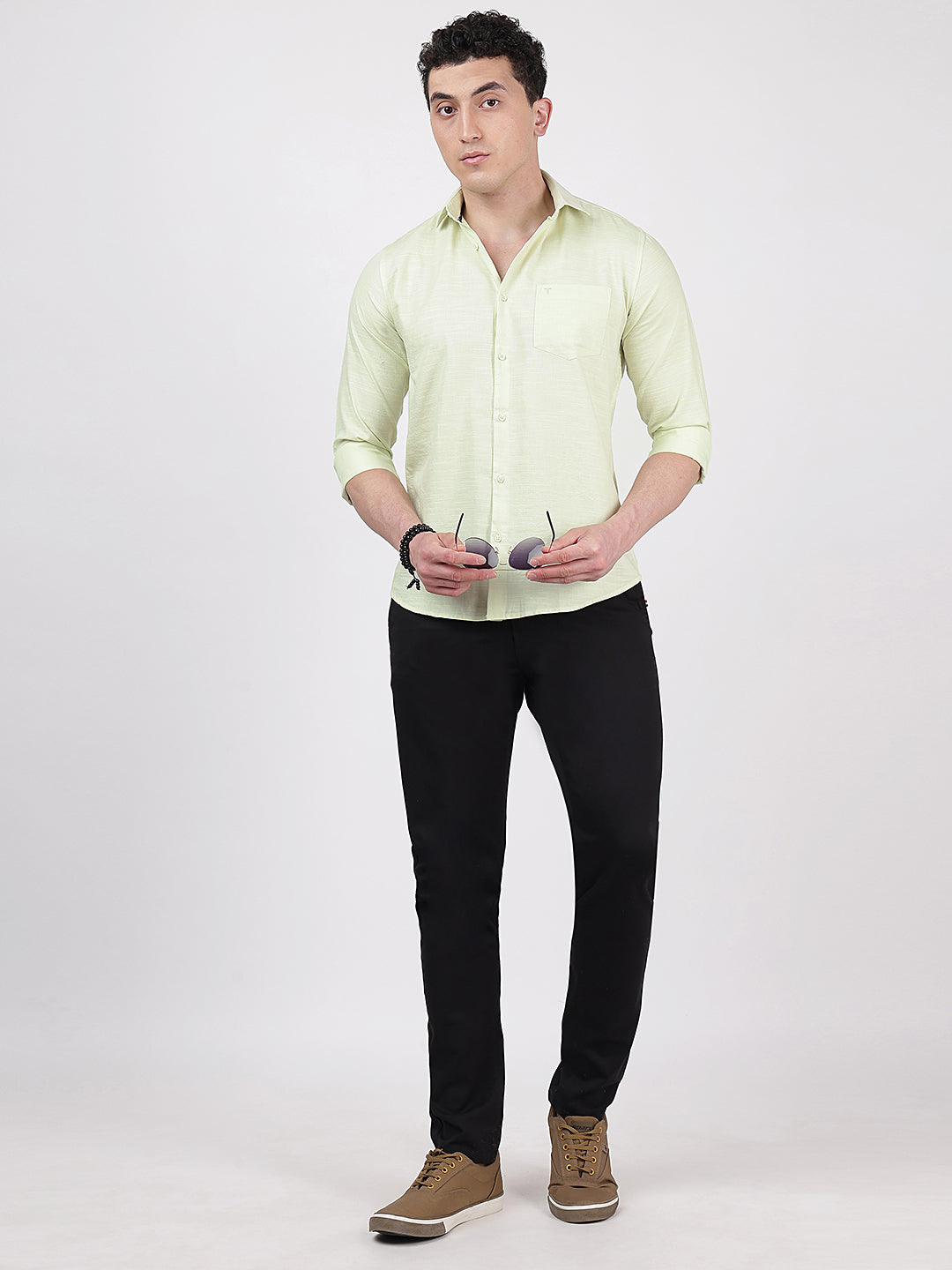 Solid Full Sleeves Light Green Slub-Twill