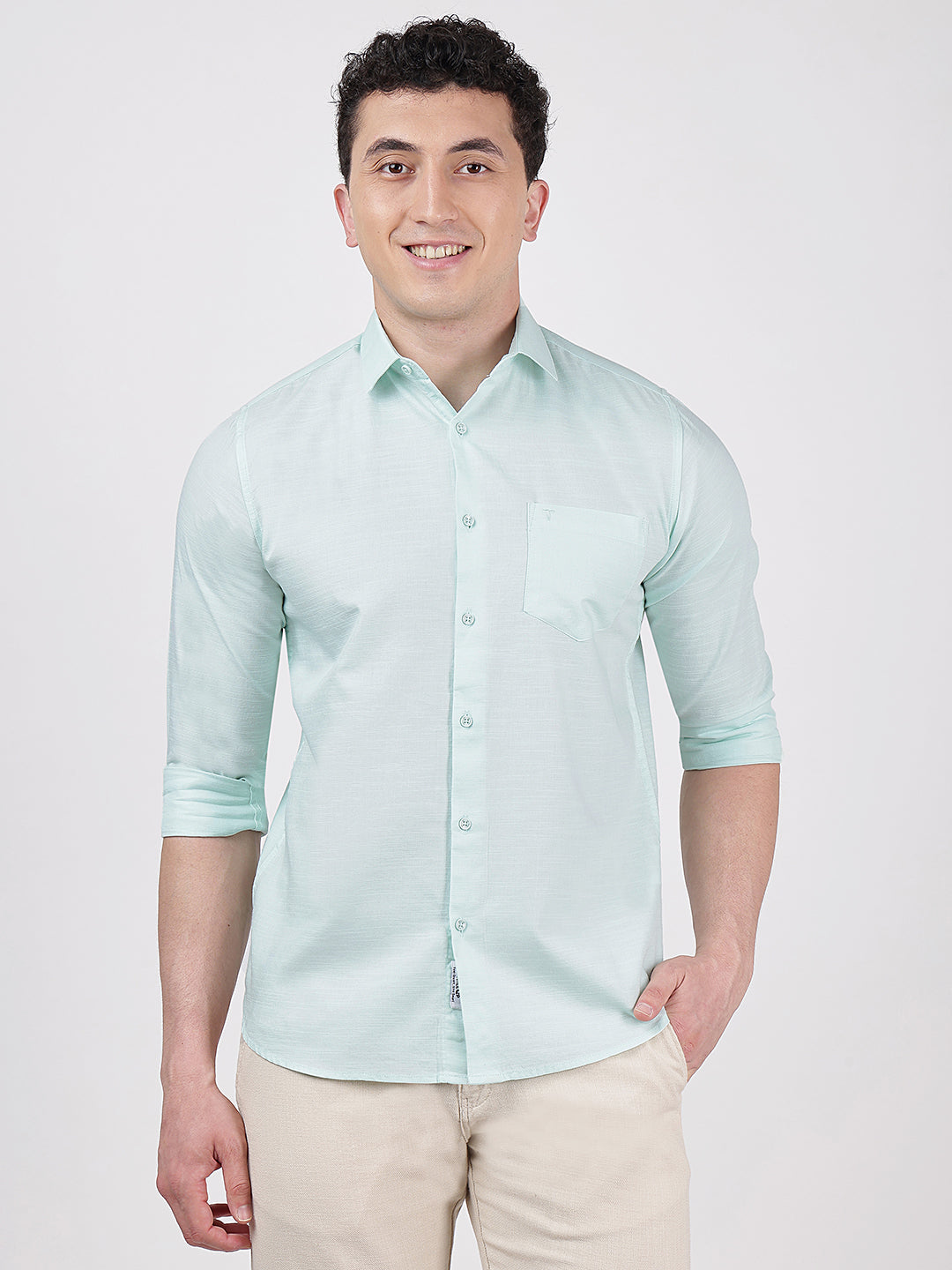 Solid Full Sleeves Turquoise Blue Slub Twill