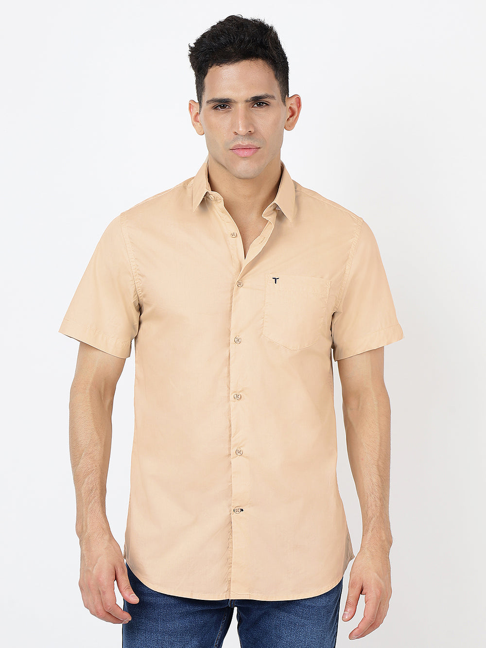 Solid Short Sleeves Beige Plain (100% Cotton)