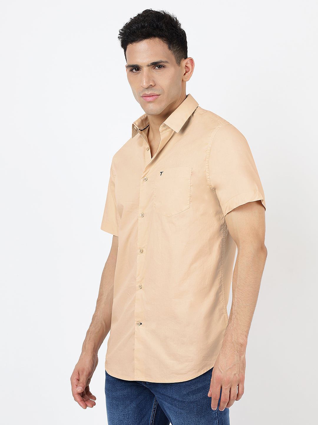 Solid Short Sleeves Beige Plain (100% Cotton)