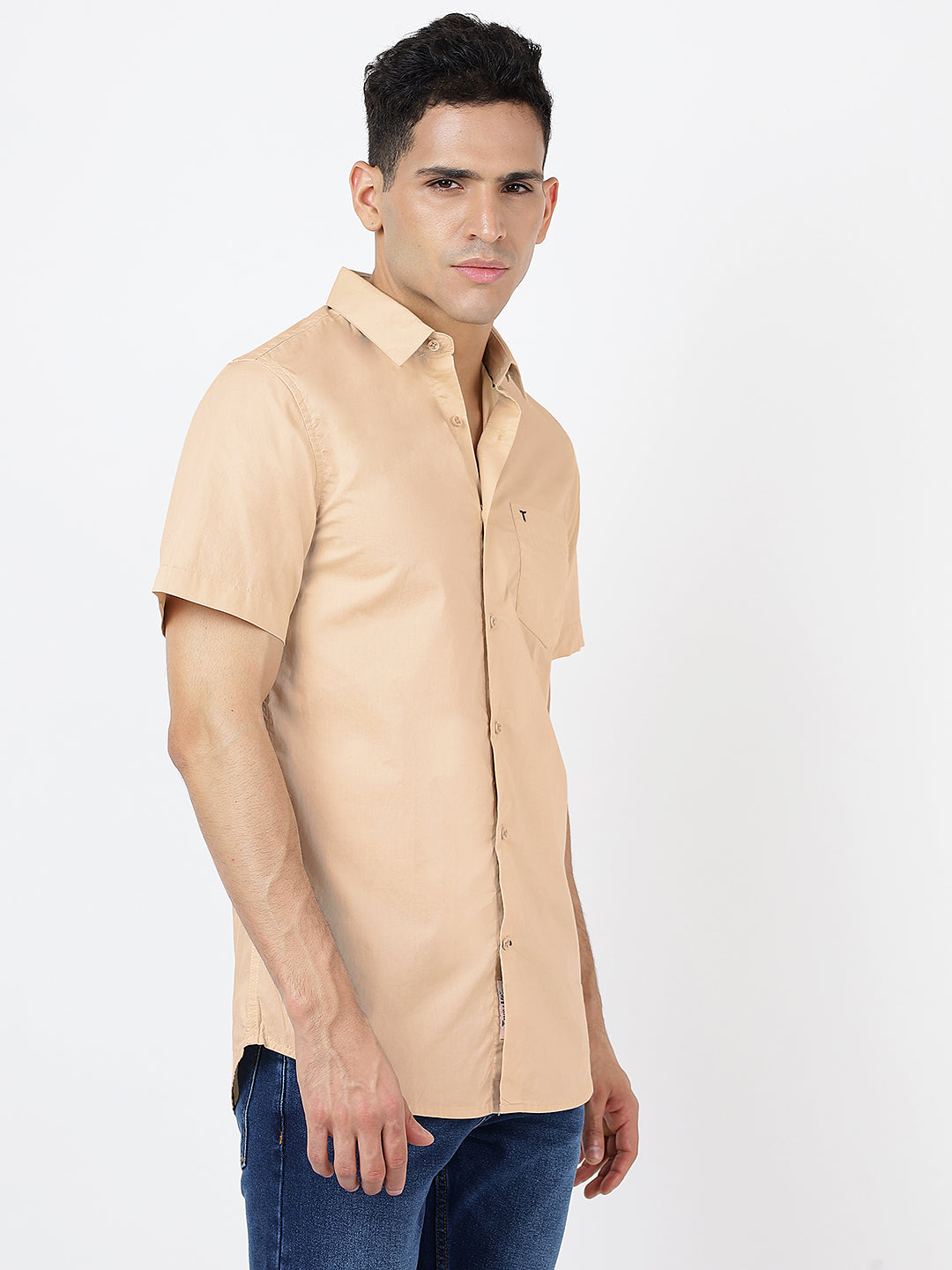Solid Short Sleeves Beige Plain (100% Cotton)
