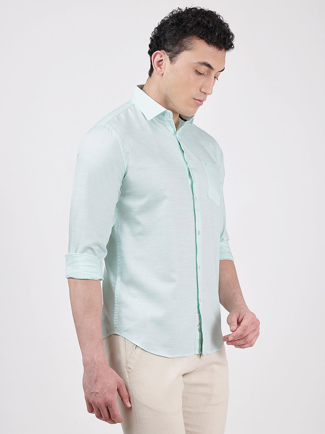 Solid Full Sleeves Turquoise Blue Slub Twill