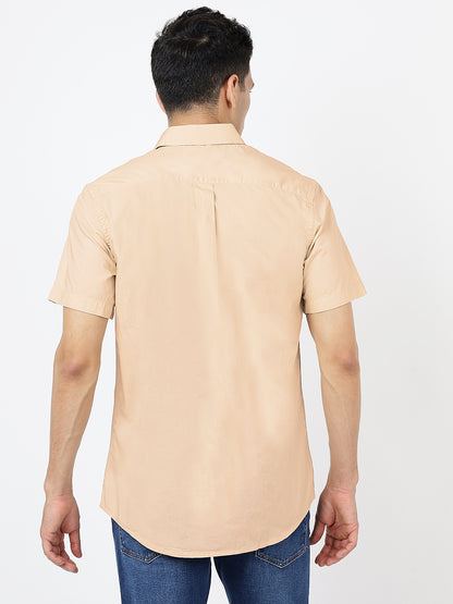 Solid Short Sleeves Beige Plain (100% Cotton)