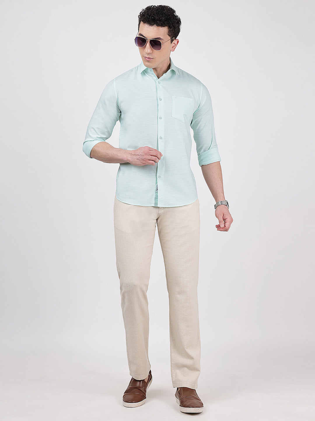 Solid Full Sleeves Turquoise Blue Slub Twill