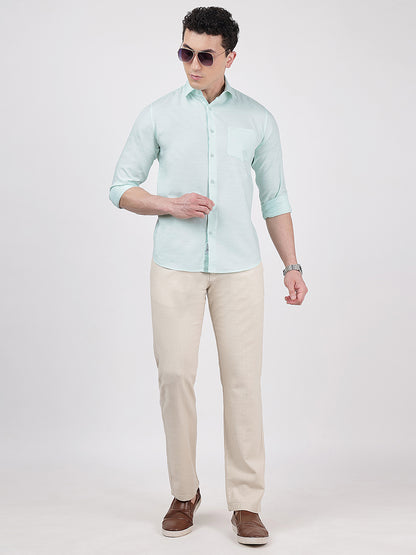 Solid Full Sleeves Turquoise Blue Slub Twill