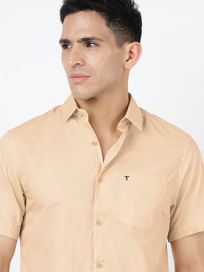 Solid Short Sleeves Beige Plain (100% Cotton)