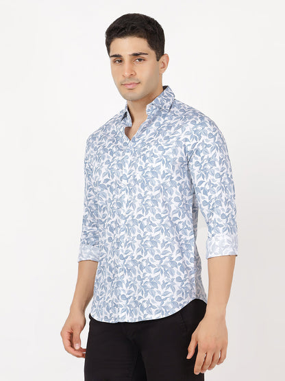 Print Long Sleeves Blue & White Leafy Print